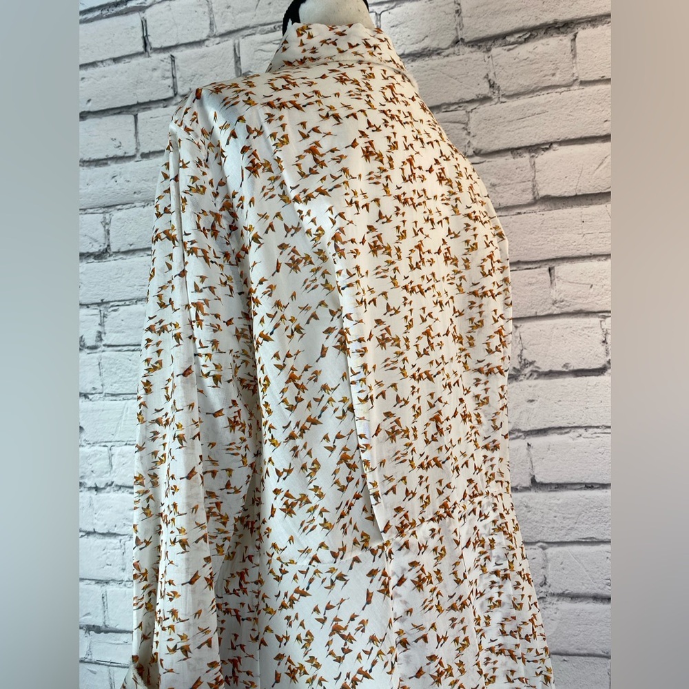 Akris Bohemian Bird Geometric Print Tunic Button Down Shirt Bell Sleeves Size 14 - Picture 13 of 16
